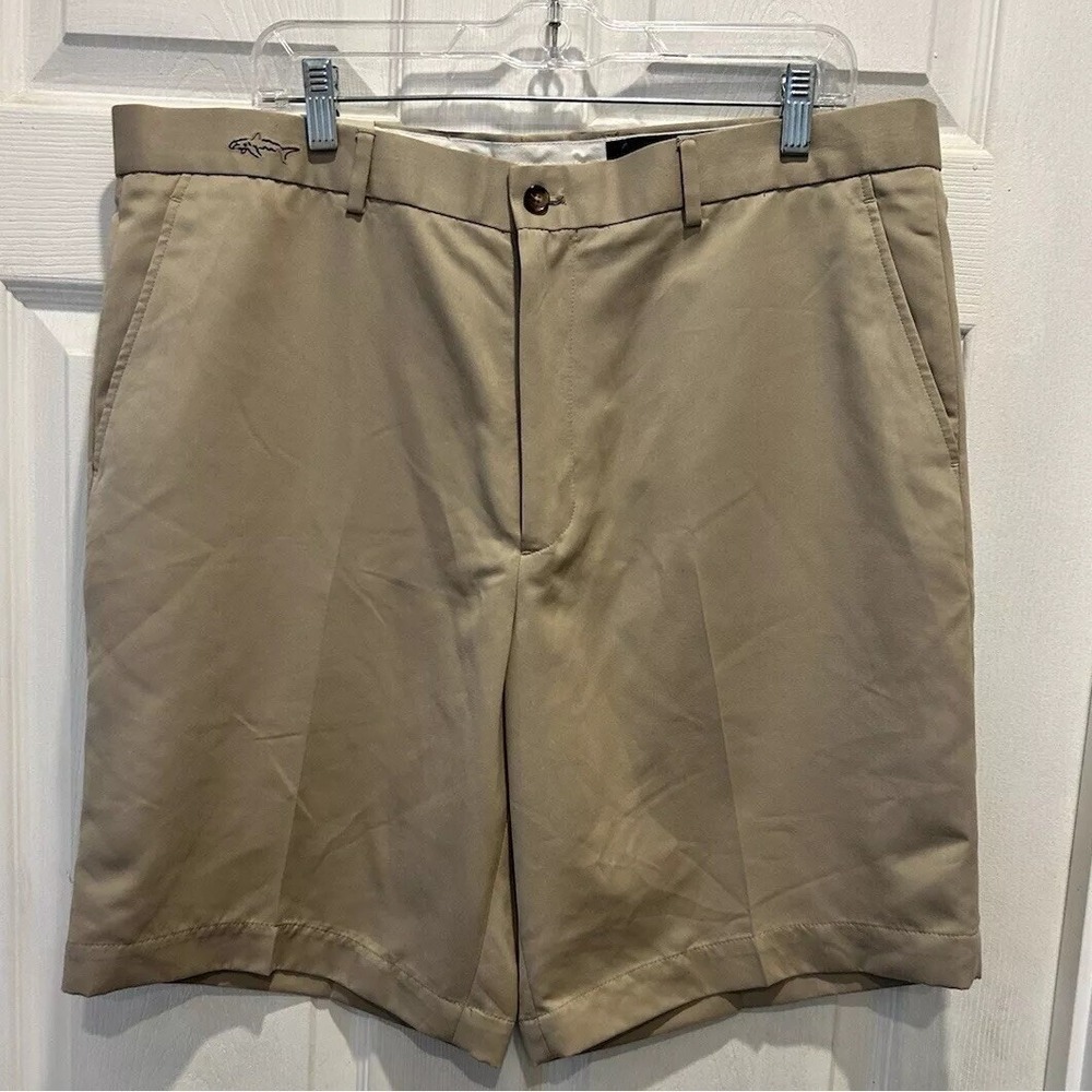 Greg Norman Mens Khaki Golf Shorts Sz 38 Flat Front Shark Logo Travel Outdoor